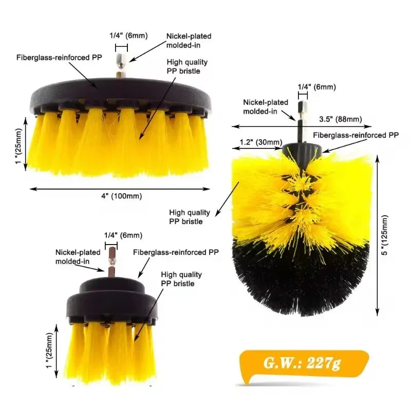 Kit de escova elétrica para limpeza de carpetes, escova elétrica para pneus de carro, escovas de nylon 2/3,5/4'